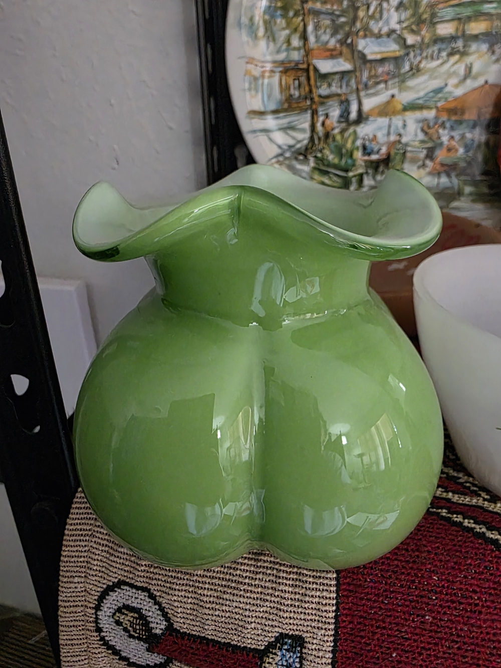 Green Art Glass Ruffled Vase
